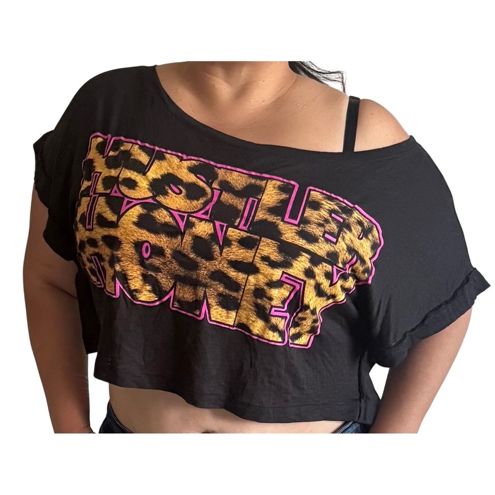 Y2K‎ Hustler Honey Graphic Crop Top Black Leopard Print Pink Logo Off Shoulder L